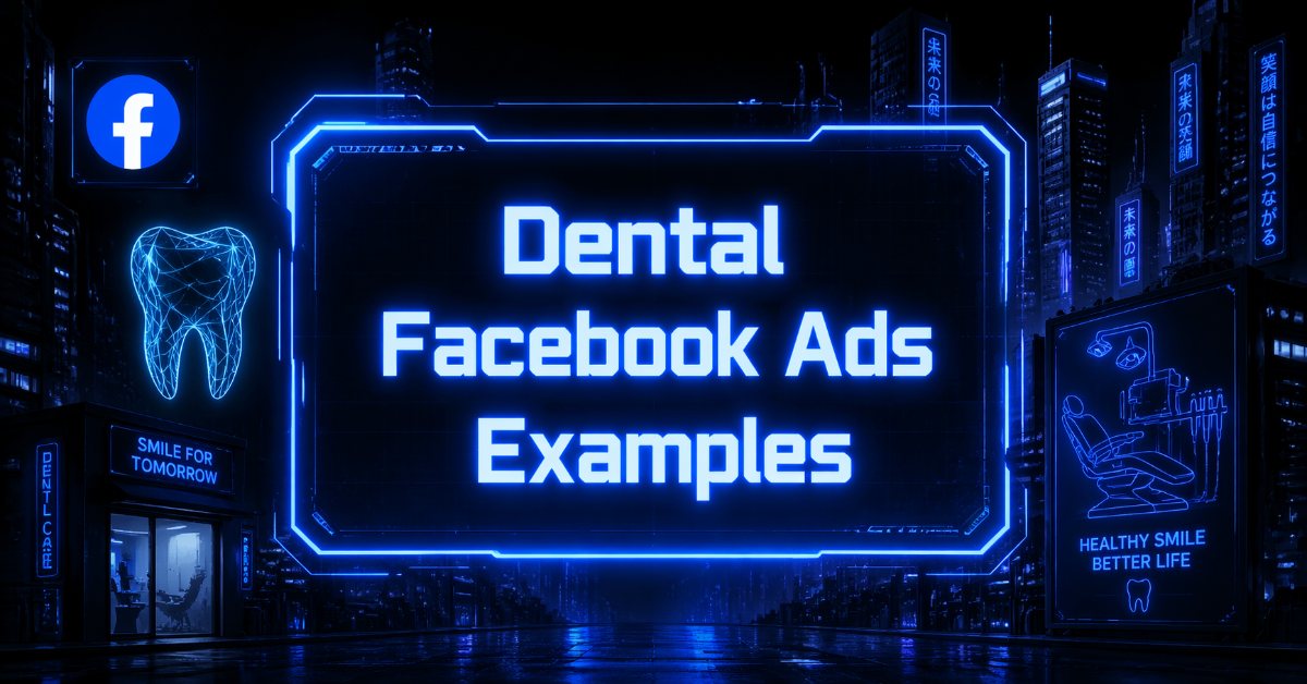 Cyberpunk blue neon banner with a futuristic dental clinic scene, Facebook icon, and centered glowing text for dental Facebook ads examples