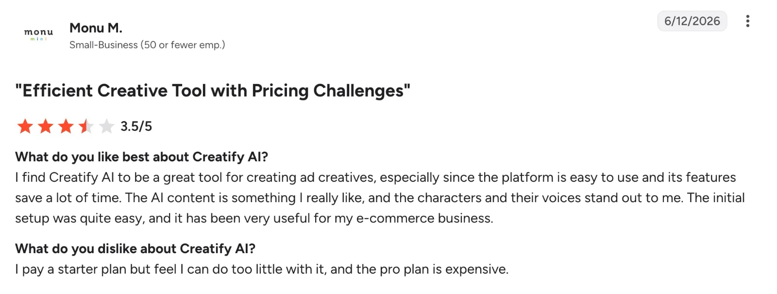G2 review of Creatify AI noting easy ad creative production alongside starter and pro plan pricing concerns.