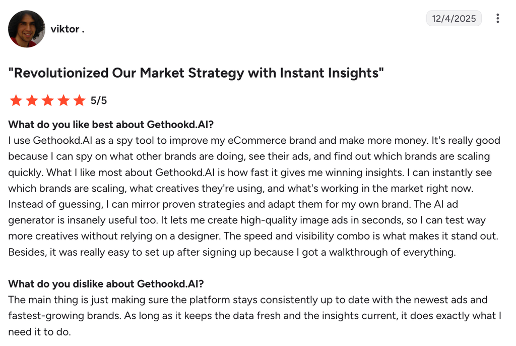 Review highlighting how GetHookd helped an eCommerce brand earn more