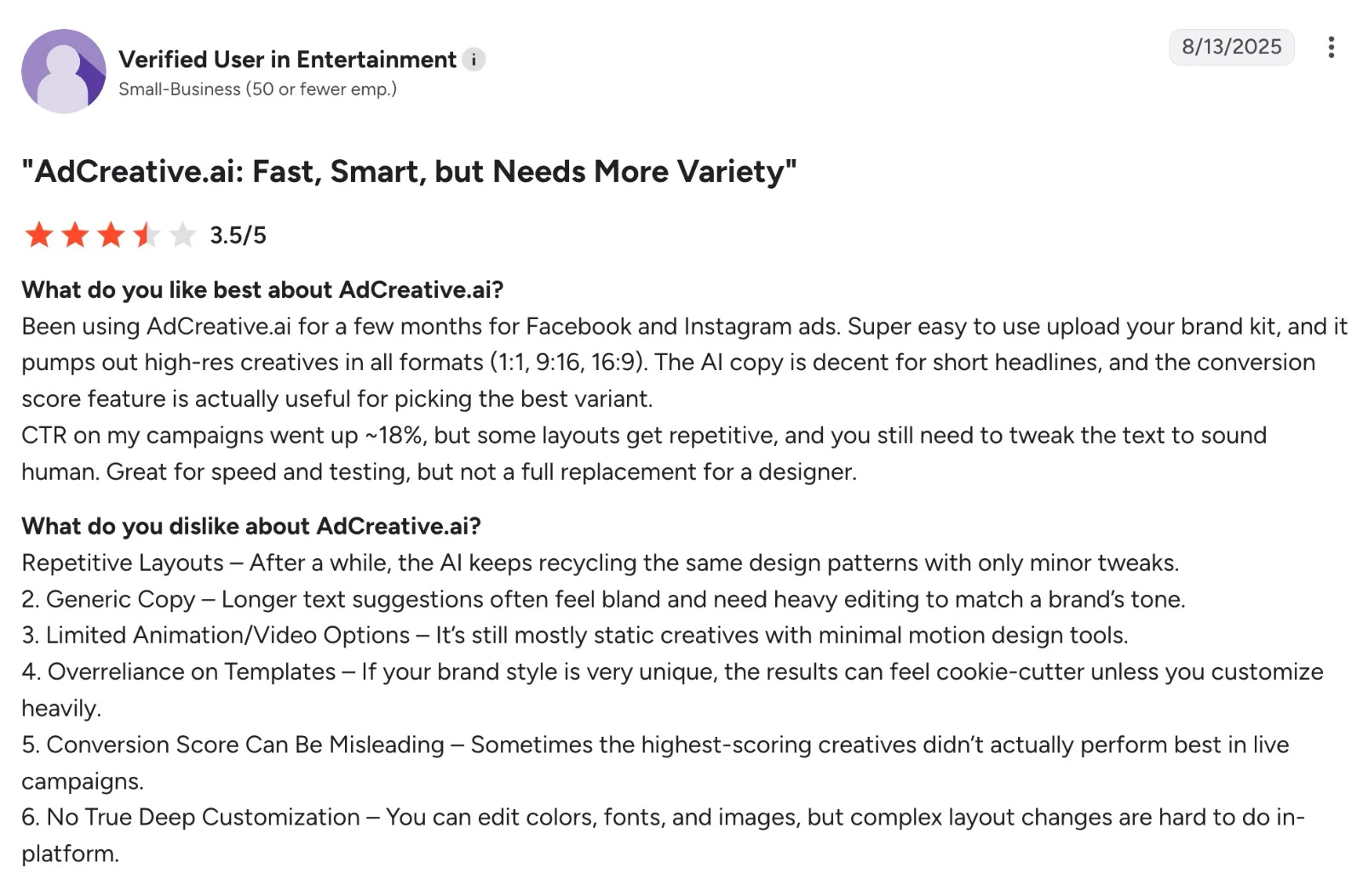G2 review of AdCreative.ai praising fast multi-format creative generation while flagging repetitive layouts and generic copy.