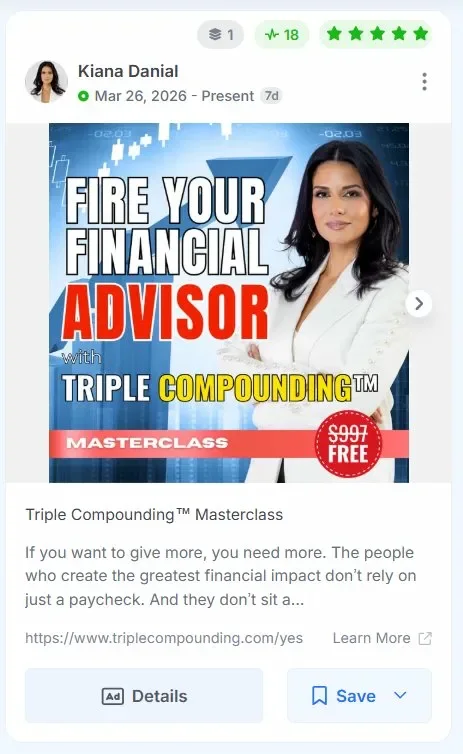 Kiana Danial Facebook ad promoting a free Triple Compounding Masterclass.