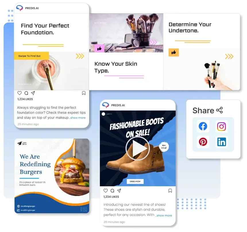 Predis.ai generated social posts including makeup carousels, a burger graphic, and a boots video ad.