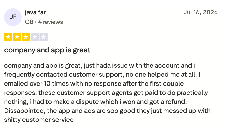 Review highlighting poor customer service