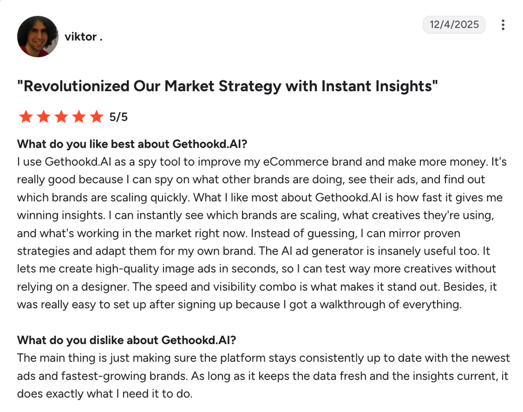 Review highlighting how GetHookd helped a customer spy on competitors and earn more