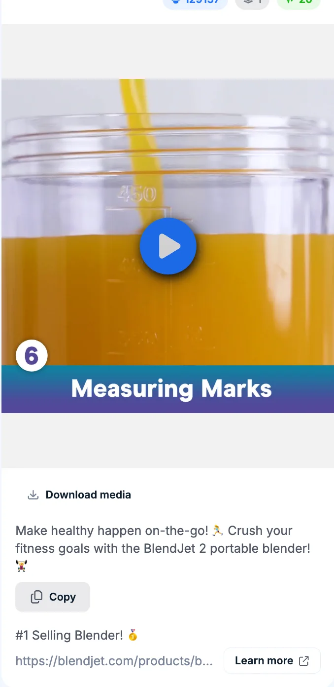 BlendJet Facebook video ad and copy framing the portable blender as a fitness and on-the-go lifestyle tool, with a Learn More call to action.