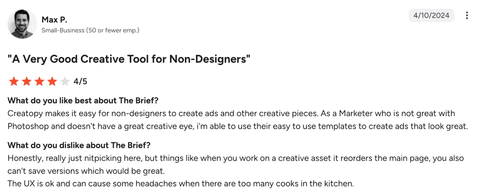 Four-star The Brief review praising easy templates while noting UX and version-saving limitations.