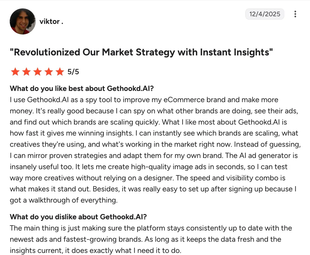 GetHookd five-star review praising competitor insights, creative discovery, and fast AI ad generation.
