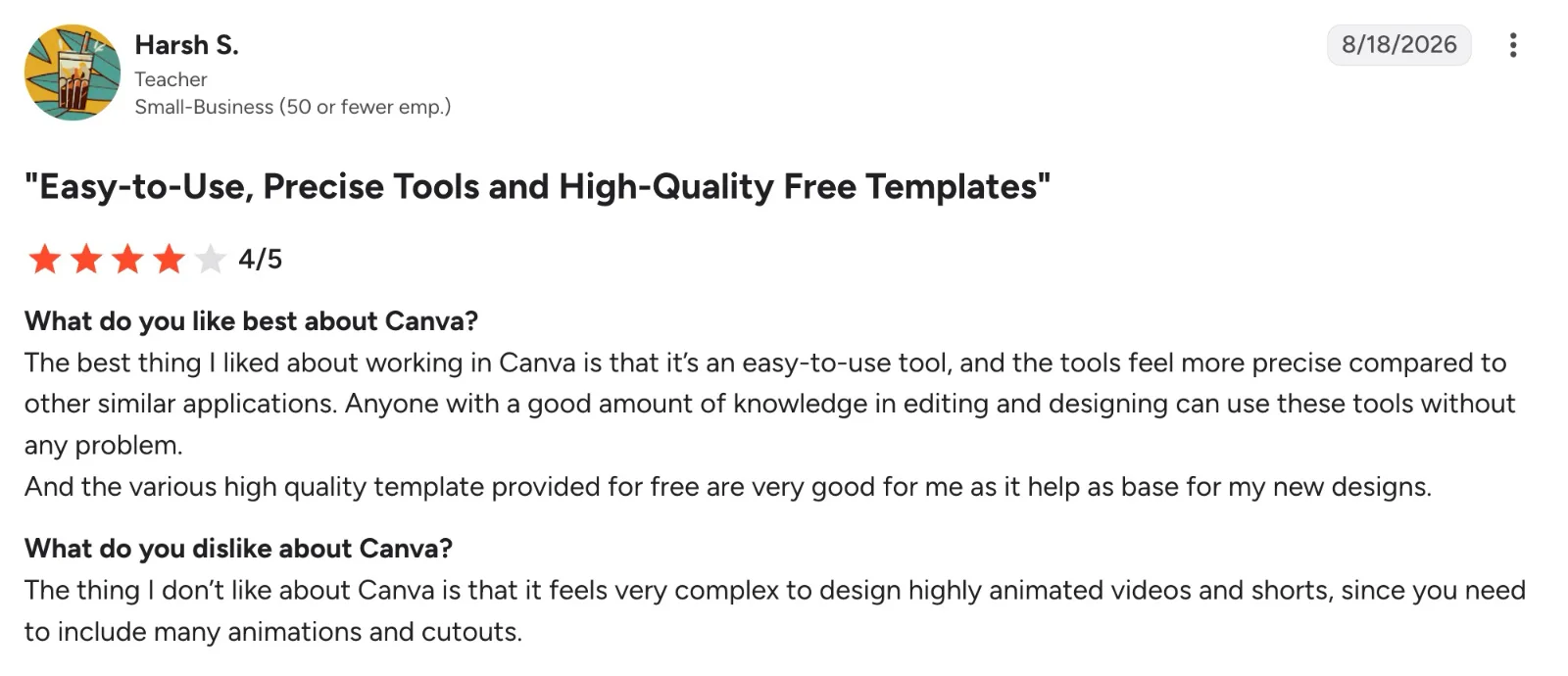Four-star Canva review praising precise tools and templates while criticizing complex animation workflows.