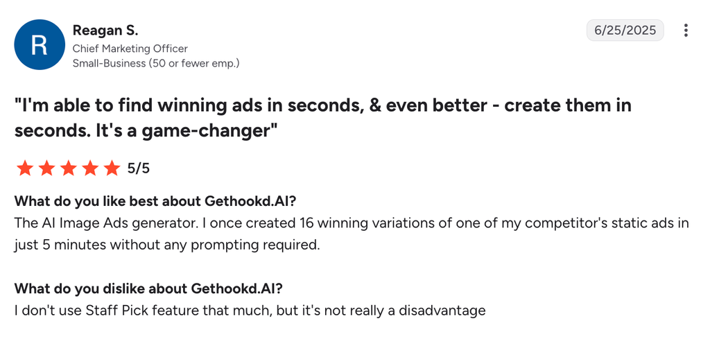 Review highlighting GetHookd’s AI Image Ads Generator