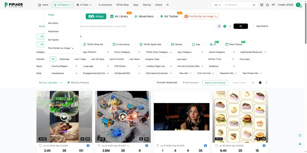 PiPiADS platform showing the Ad Search dashboard with multiple filter options.