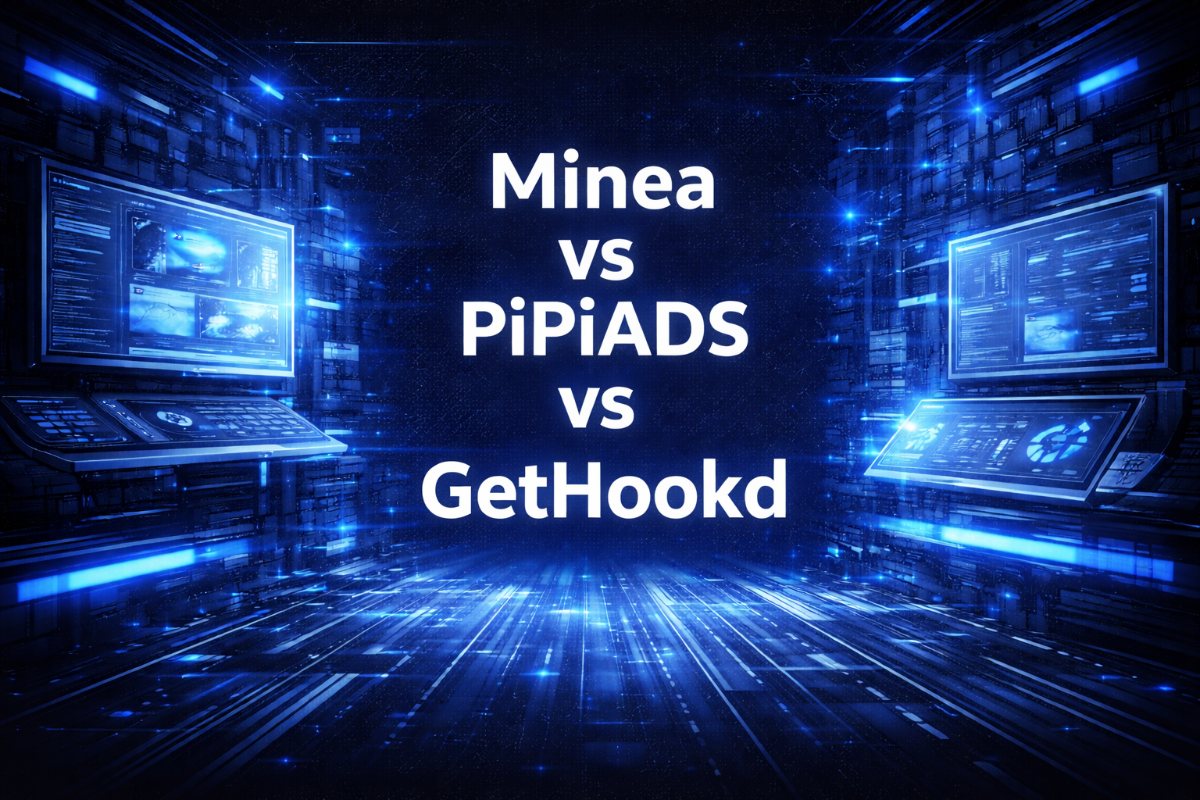 Minea vs PiPiADS vs GetHookd comparison graphic with analytics dashboards and data screens in a futuristic digital workspace.