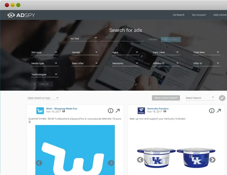 AdSpy dashboard showing ad search filters and Facebook ad results.