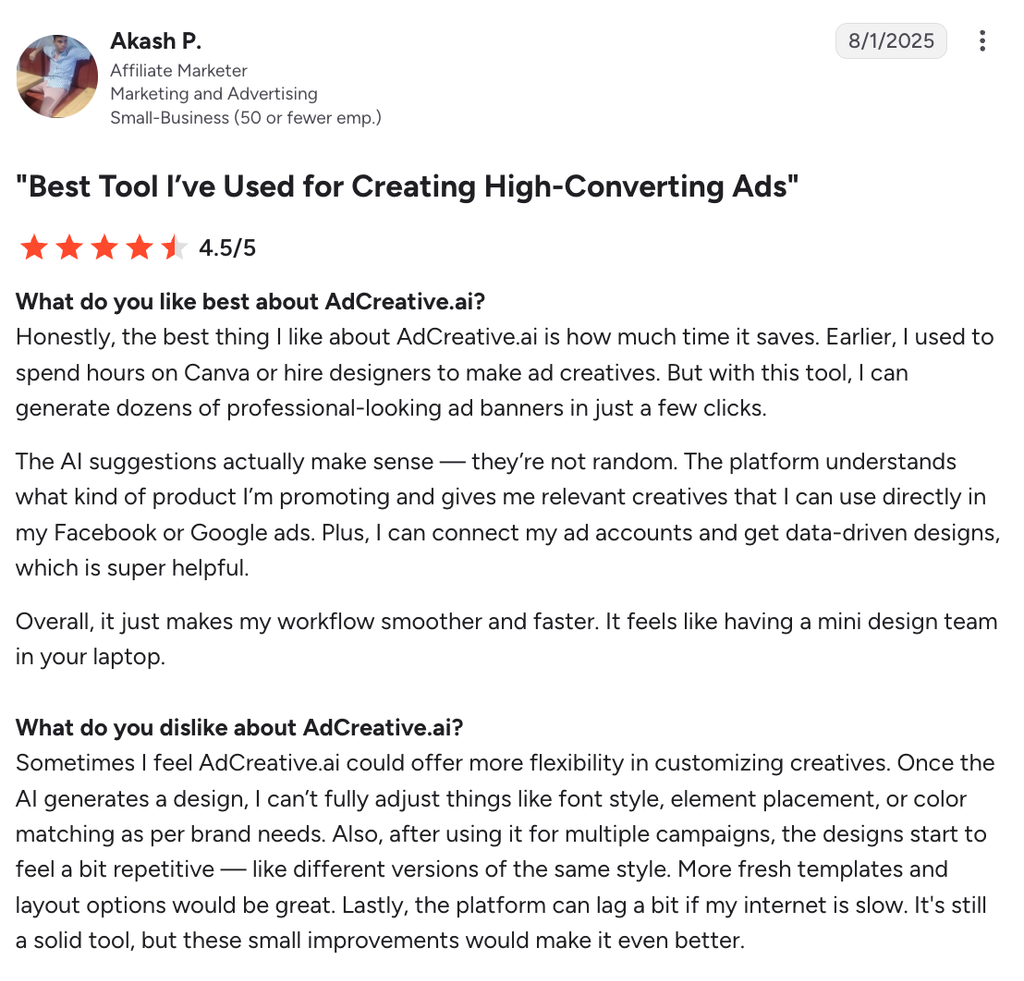 Review highlighting AdCreative AI’s strengths (time-saving, AI suggestions) and limitations (repetitive designs, slow platform)