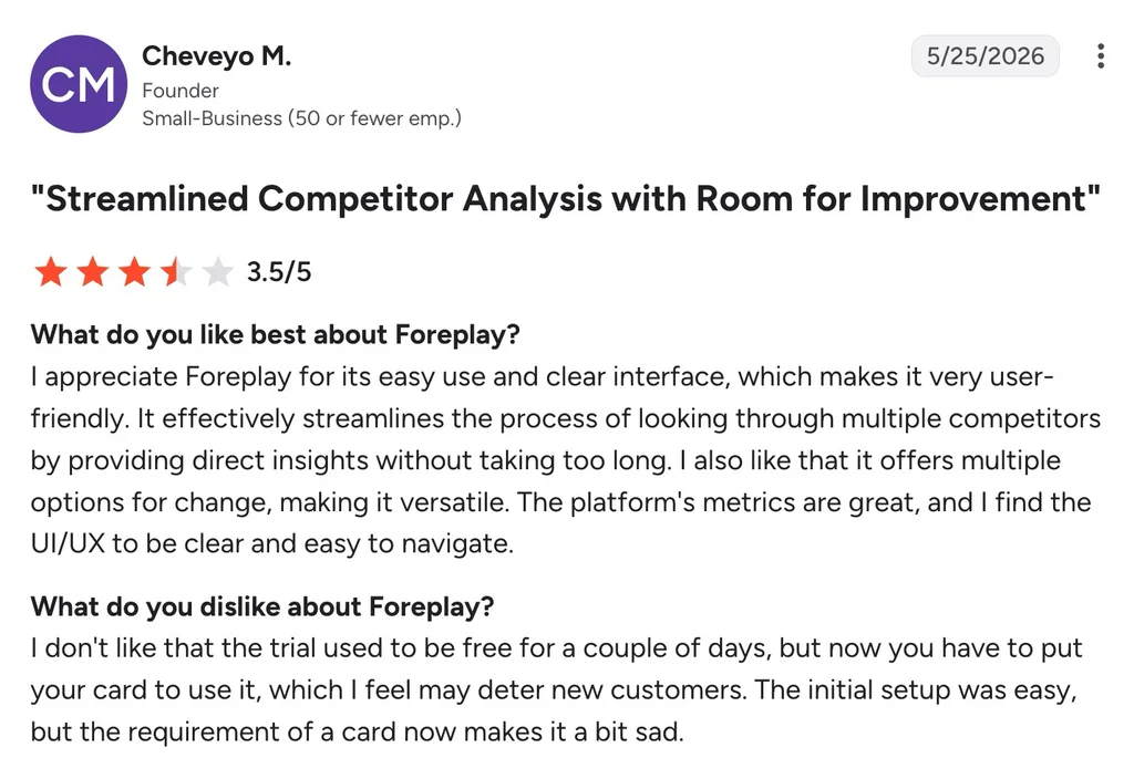 G2 review praising Foreplay’s usability and competitor insights while criticizing its card-required trial.
