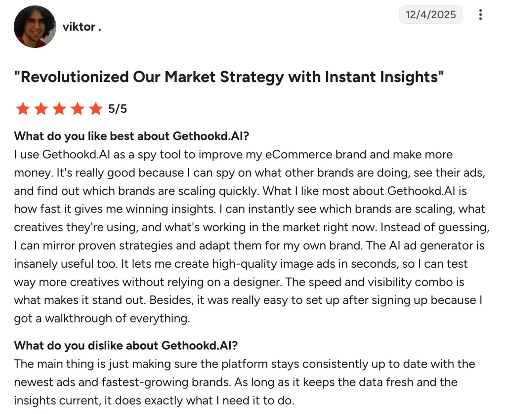 Five-star GetHookd review praising competitor tracking, creative insights, AI ad generation, and easy onboarding.