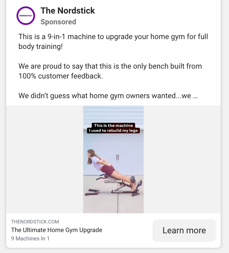 The Nordstick Meta ad video with a customer testimonial about rebuilding her legs using the 9-in-1 home gym machine