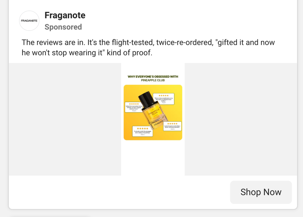 Fraganote Pineapple Club perfume bottle surrounded by customer review cards and star ratings on a yellow background
