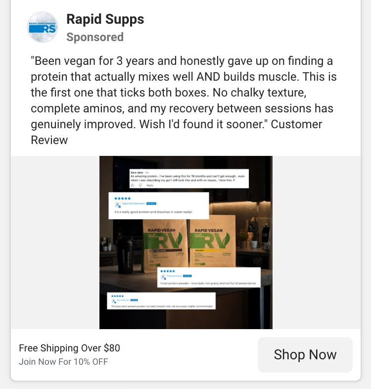 Rapid Supps protein powder in a kitchen setting with customer review screenshots overlaid