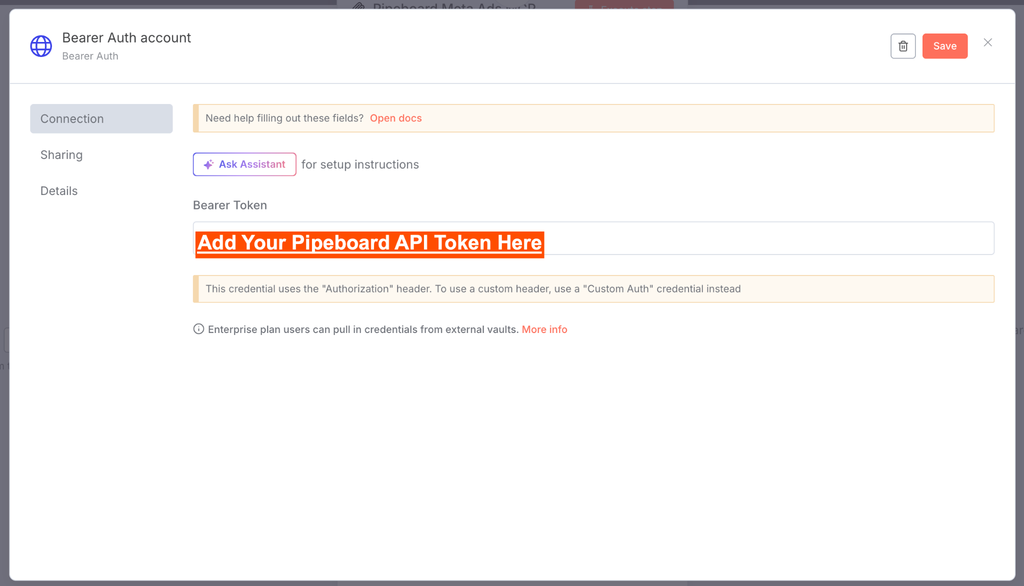 Bearer Auth setup screen with the Bearer Token field highlighted, prompting users to add their Pipeboard API token.