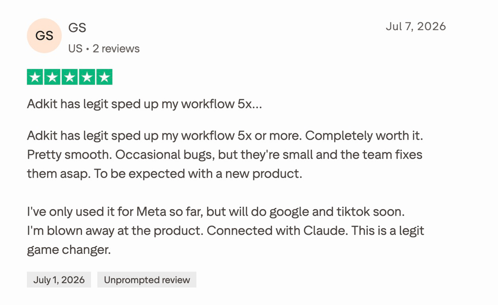 A 5-star Trustpilot review from a US user praising AdKit for speeding up their workflow 5x, calling it a game changer connected with Claude.