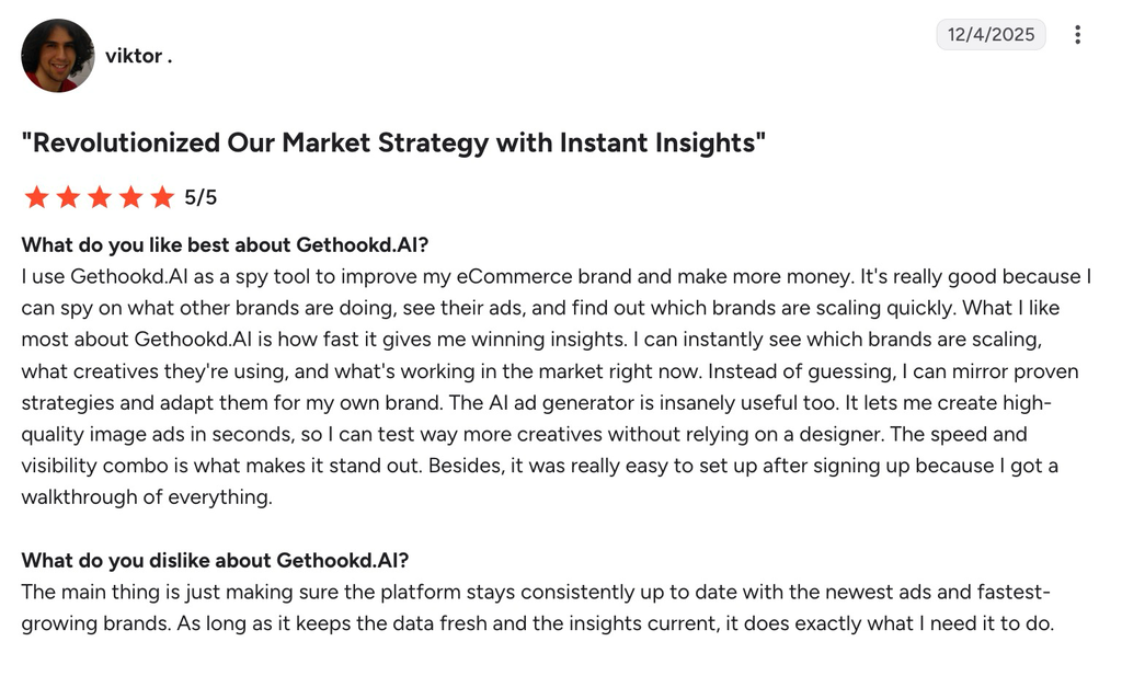 G2 review by Viktor rating GetHookd.AI 5/5, titled "Revolutionized Our Market Strategy with Instant Insights," dated December 4, 2025.