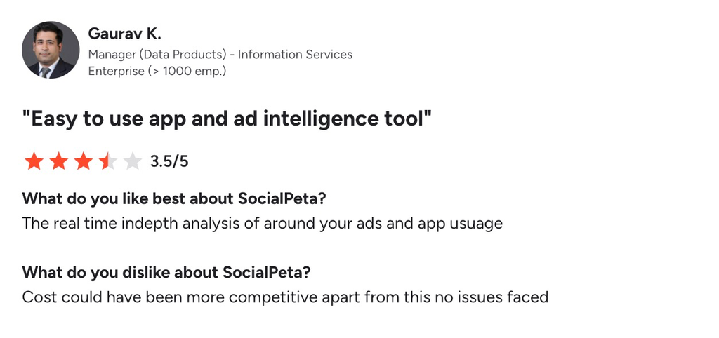 A 3.5-star G2 review titled "Easy to use app and ad intelligence tool" flagging cost as the only drawback.