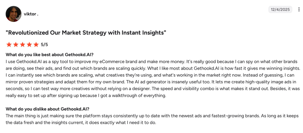 A 5-star G2 review of Gethookd.AI praising instant competitor insights, AI ad generation, and easy onboarding.