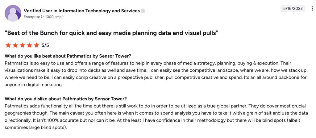 A 5-star G2 review of Pathmatics by Sensor Tower praising media planning visuals while questioning spend accuracy.