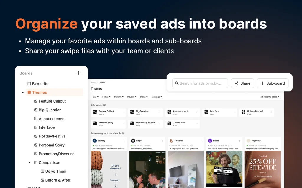 Atria board interface organizing saved ads into themed sub-boards like Feature Callout, Big Question, and Comparison.