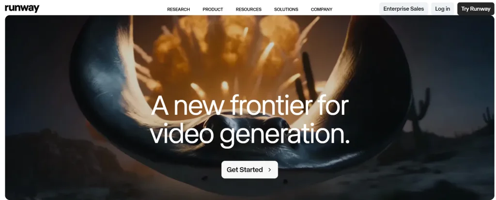 Runway website homepage showing a cinematic AI-generated desert scene.
