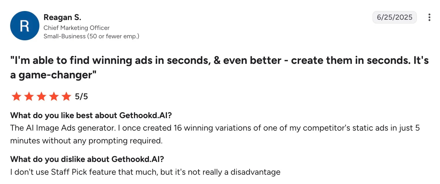 G2 review from Reagan S., CMO, rating GetHookd.AI five stars for finding and creating ads.