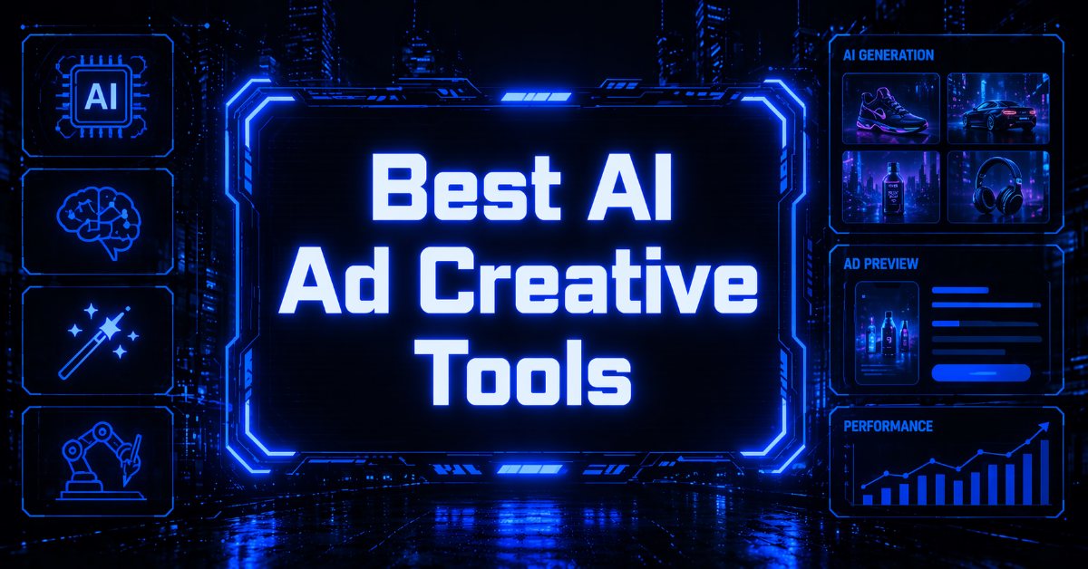 Cyberpunk interface showing AI ad creative tools with glowing blue panels and futuristic dashboard visuals.