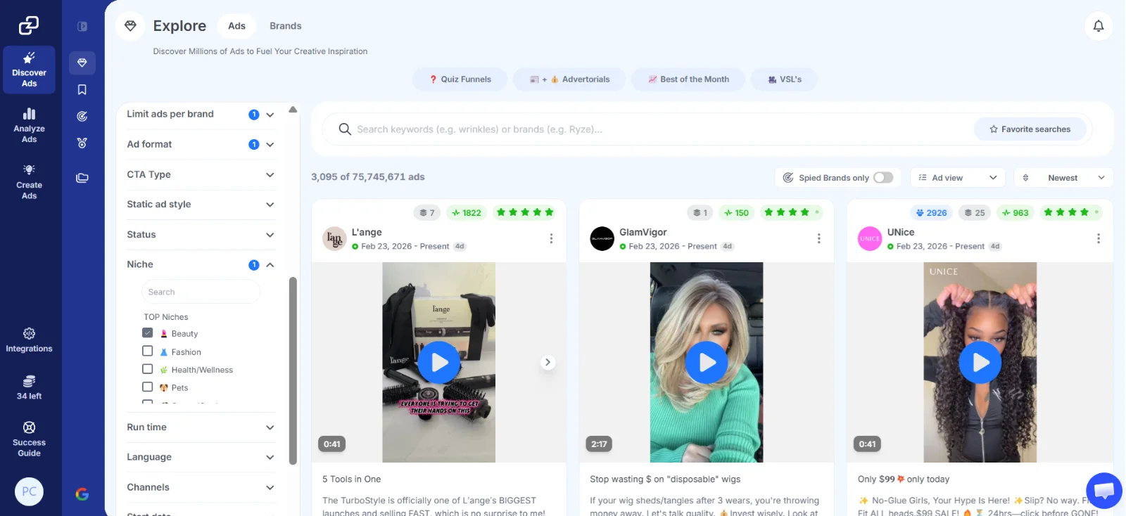 GetHookd's Explore Ads interface showing niche filtering options with ads displayed across beauty brands.