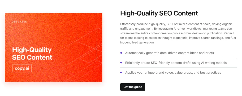 Copy.ai website showing a High-Quality SEO Content use case page.