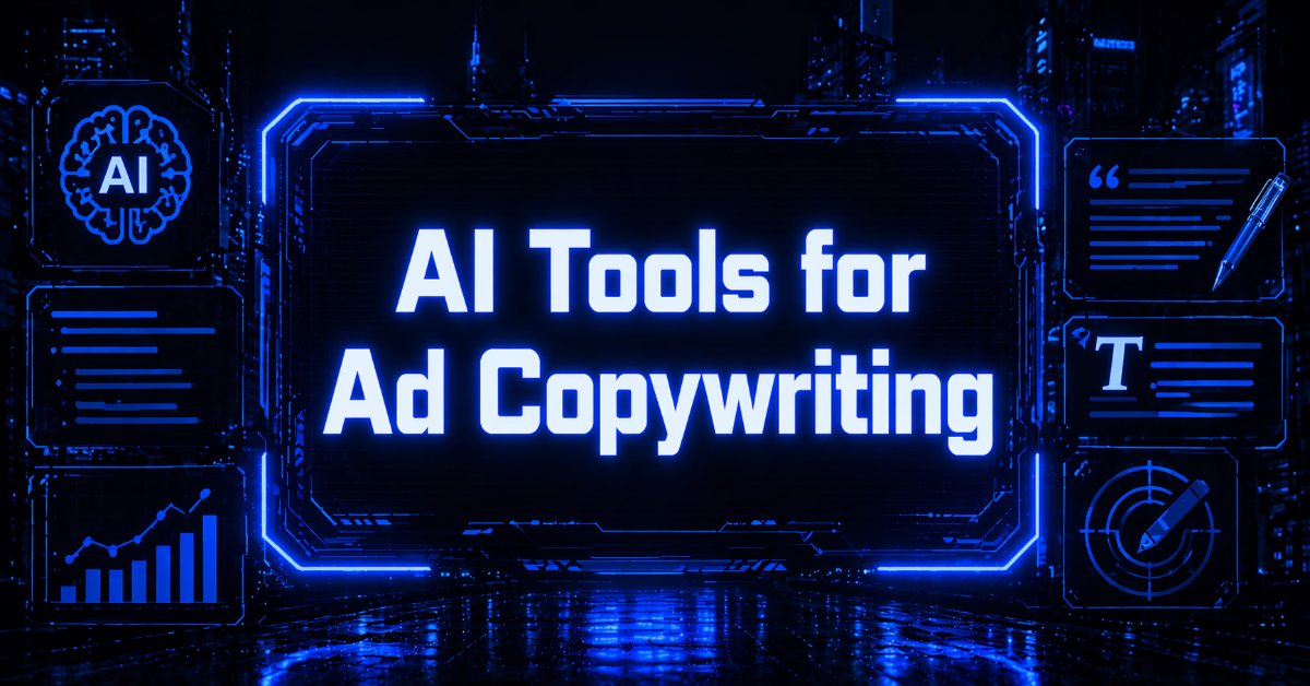 Cyberpunk interface showing AI ad copywriting tools with glowing blue dashboard and futuristic UI panels.