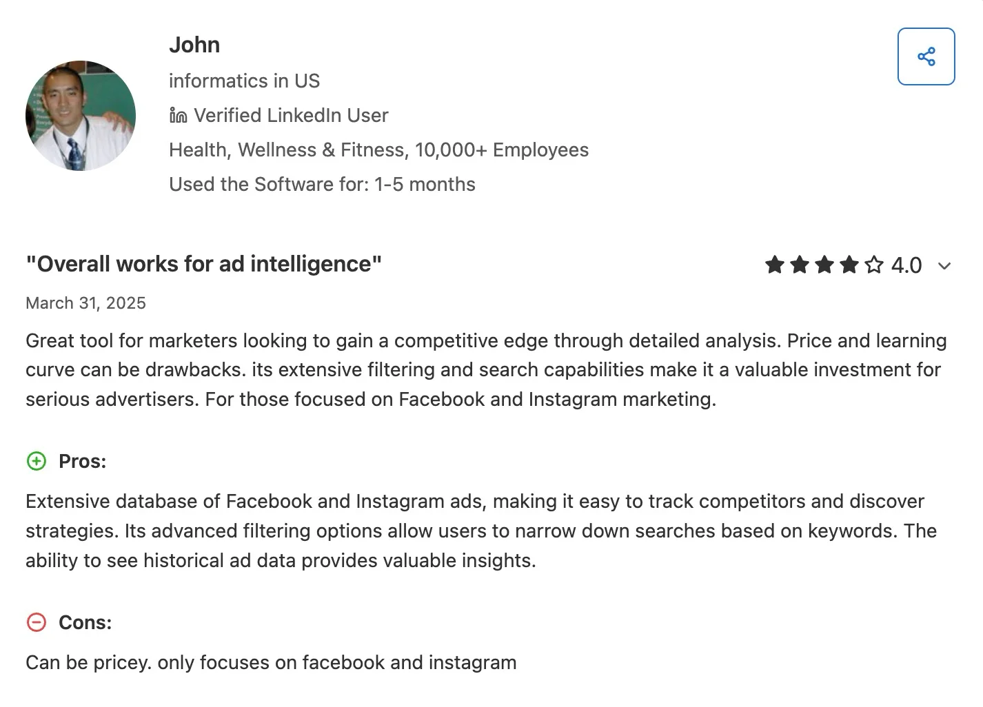 Capterra review from John rating AdSpy 4.0 stars, listing filtering pros and pricing cons.