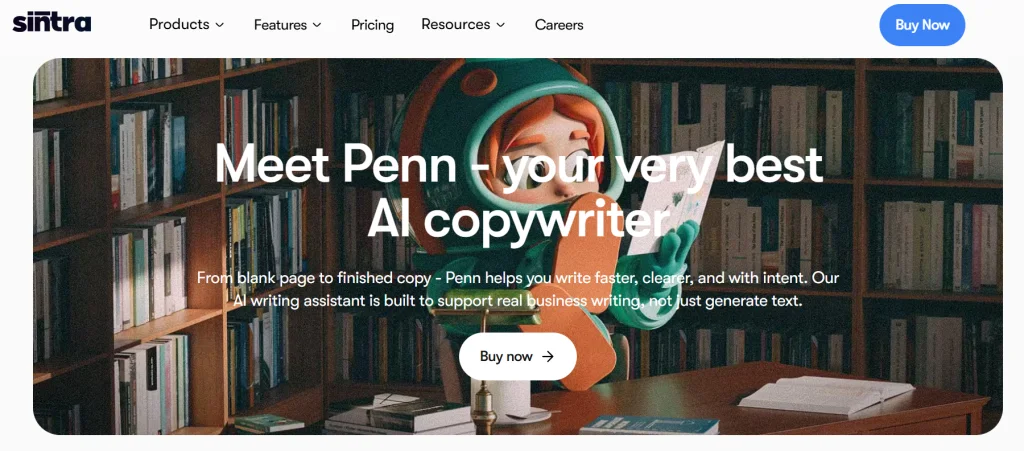 Sintra AI website homepage showing Penn the AI copywriter character in a library setting.
