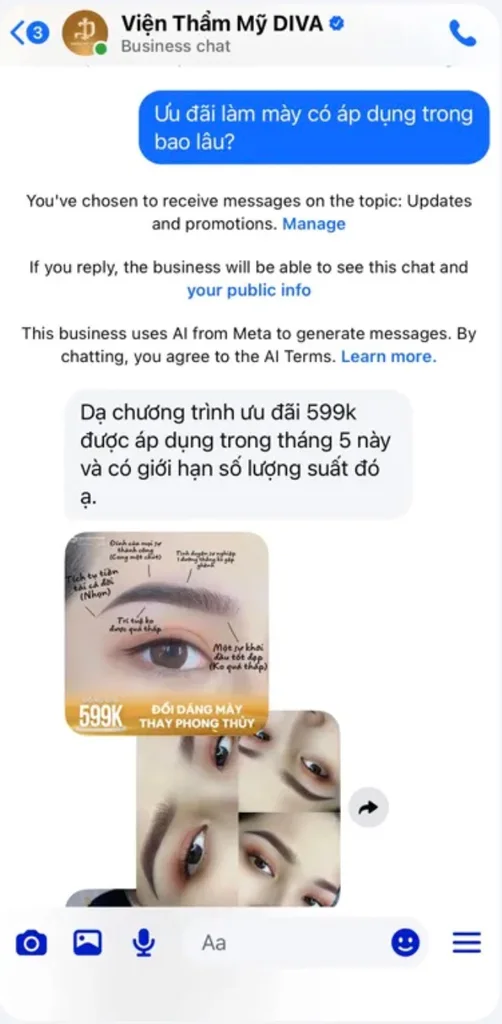 Messenger business chat with DIVA Beauty Center showing an automated reply about a 599k brow promotion.