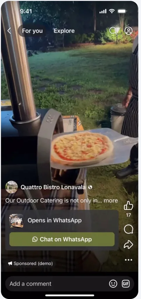 Quattro Bistro Lonavala Facebook ad showing wood-fired pizza with a Chat on WhatsApp button.
