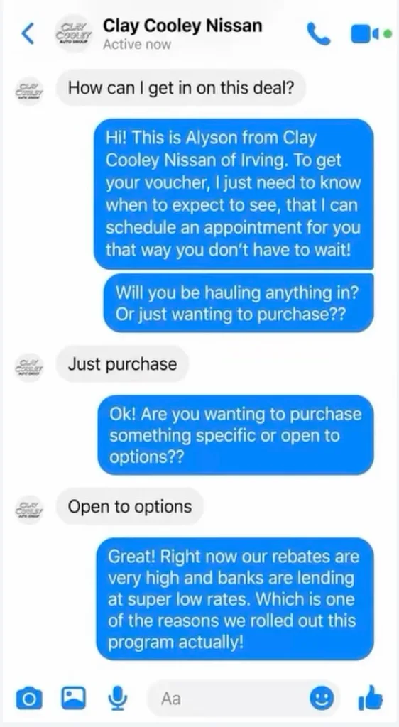 Messenger conversation with Clay Cooley Nissan staff arranging a voucher and vehicle purchase appointment.