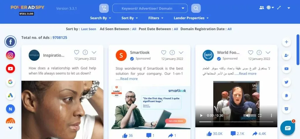 PowerAdSpy dashboard displaying 9,708,125 Facebook ads with search filters and three sample sponsored posts from January 2022, including engagement metrics.