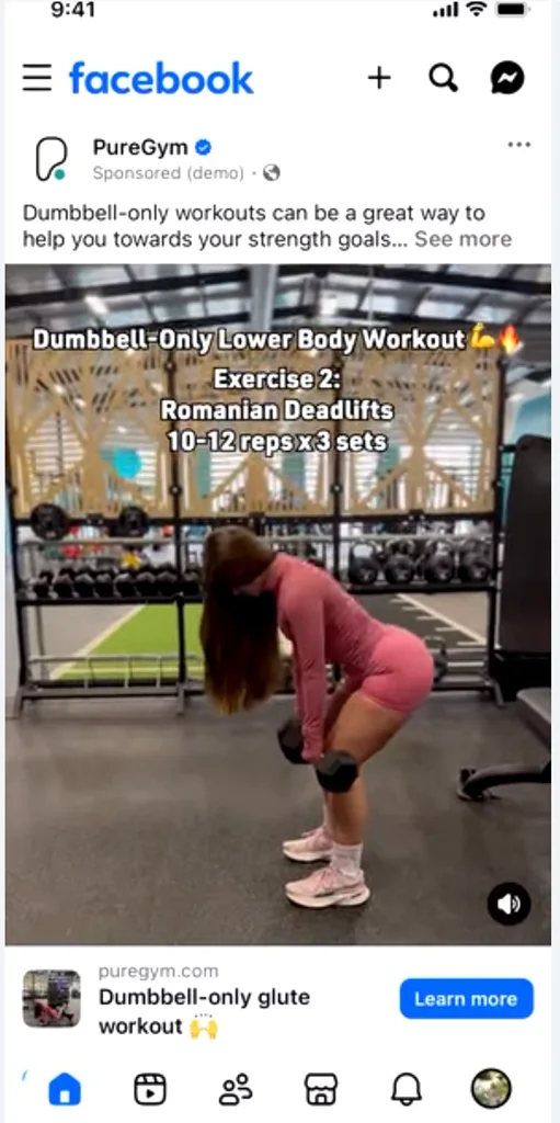 PureGym Facebook ad showing a woman performing dumbbell Romanian deadlifts with a Learn more button.