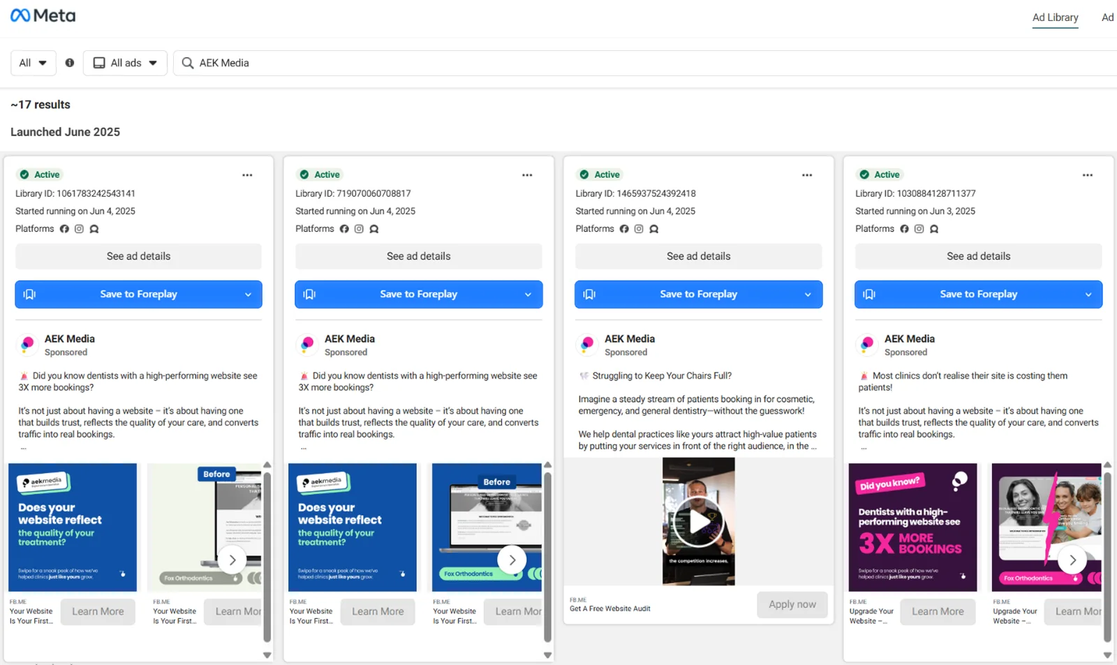 Meta Ad Library search results for "AEK Media" showing four active Facebook and Instagram ads.