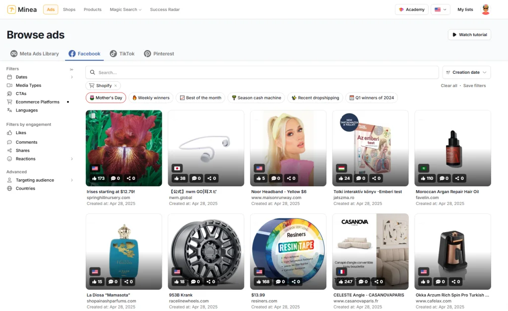 Minea's Browse Ads dashboard showing the Facebook tab selected, with filter options on the left and a grid of Shopify product ads.