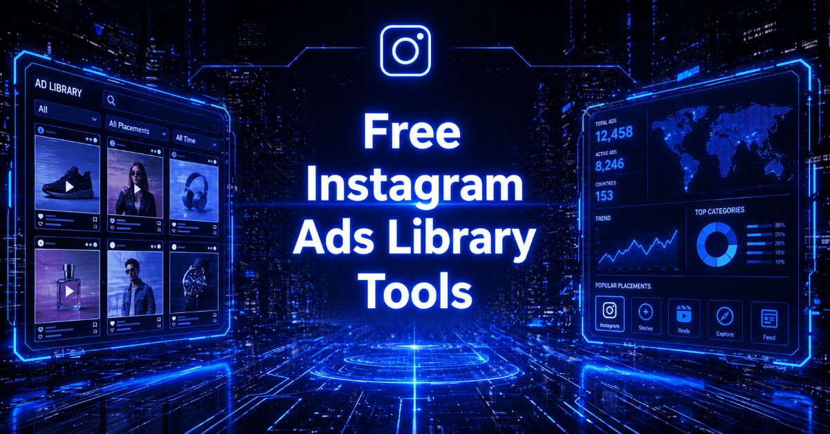 Instagram Ads Library" title card with Instagram, Facebook, and TikTok icons set against a neon blue digital cityscape.