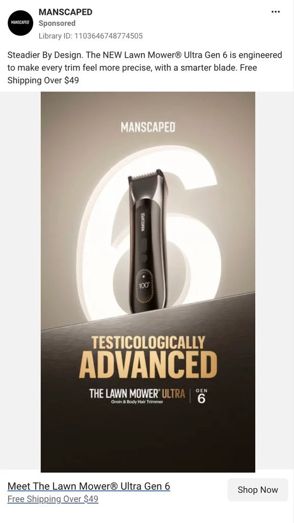 MANSCAPED sponsored Facebook ad promoting The Lawn Mower Ultra Gen 6 groin and body hair trimmer.