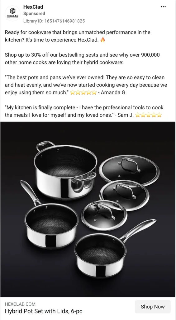 HexClad sponsored Facebook ad showing the Hybrid 6-piece pot set with lids on black background.