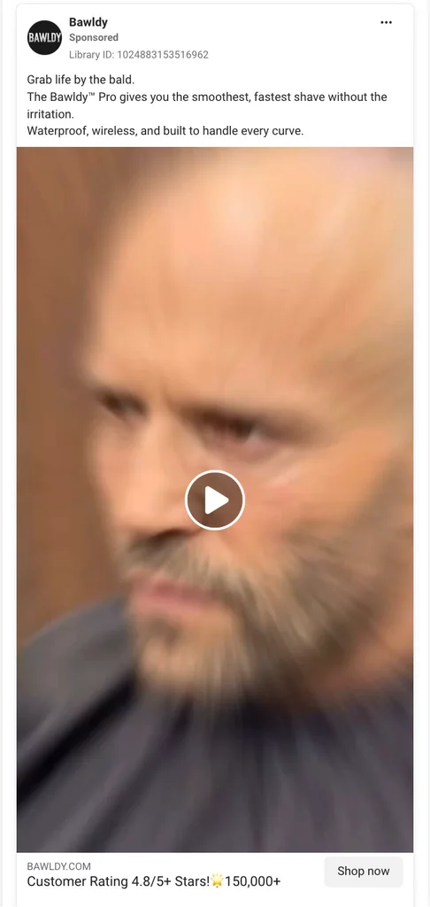 Bawldy sponsored Facebook video ad showing a bearded man in a barber cape before shaving.