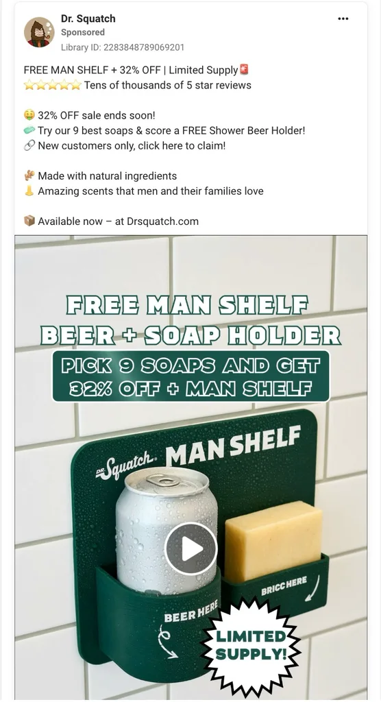 Dr. Squatch sponsored Facebook ad showing the green Man Shelf beer and soap holder on shower tiles.