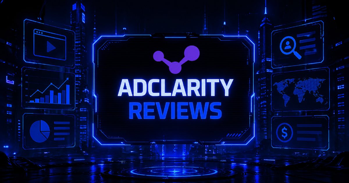 "AdClarity Reviews" hero banner featuring the AdClarity logo on a monitor, surrounded by ad intelligence icons..